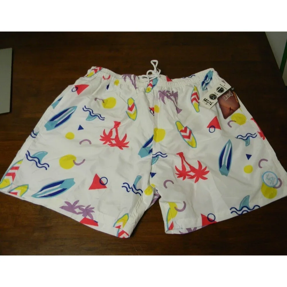 Uzzi Men's Swim Suit Trunks White Blue Neon Pink Retro Pattern Size XL NWT